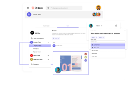 Issuu for Teams interface with pop-ups of the details on adding team members, publishing content, and navigating the workspace