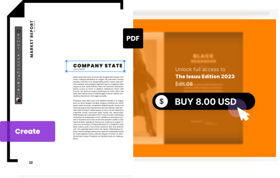 Issuu publications and platform elements on orange background