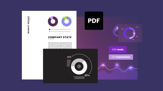 Issuu publication and charts on a purple background