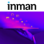 Inman logo sitting atop a hand holding an iPad facing upwards with tech icons floating out of the screen